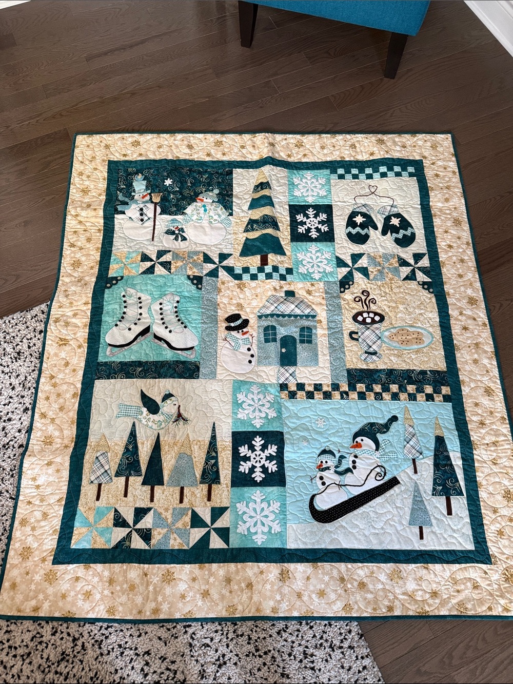 Winter Patchwork Quilt - Teal and Cream Holiday Lap Quilt